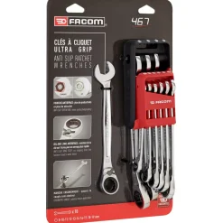 Facom 467B.JP10PB 10-delige Steek-/ringratelsleutelset in houder - Metrisch - 8-19mm - anti-slip