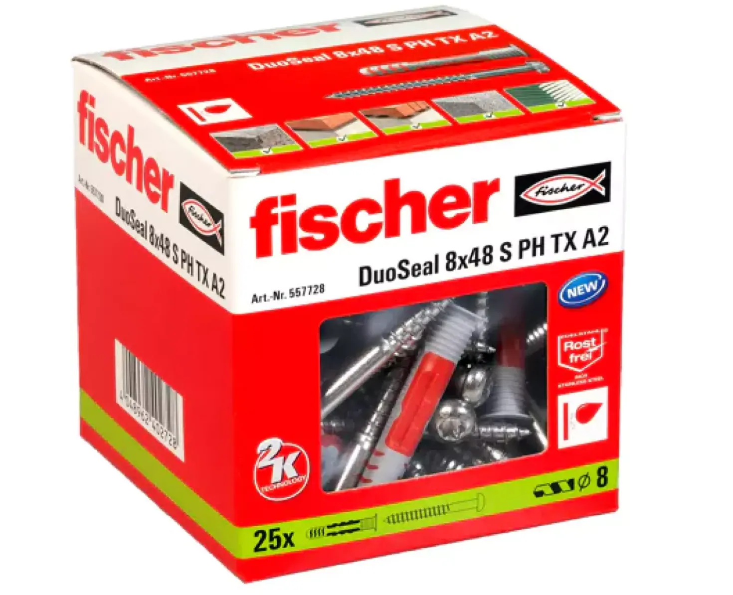 Fischer 557728 DuoSeal plug met RVS A2 bolkopschroef - 8.0 x 48mm - Bolkop - Voldraad - Verzinkt (25st)