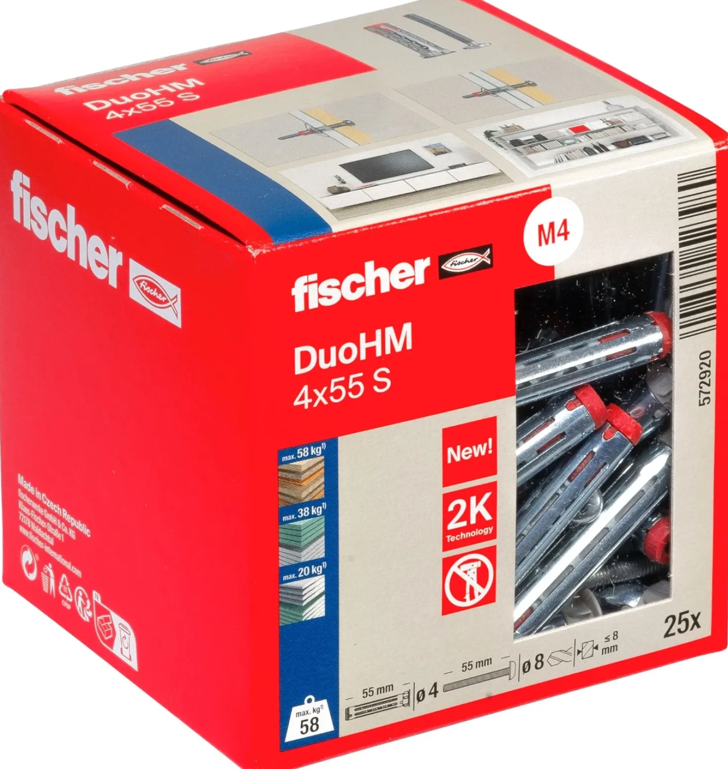 Fischer 572920 Hollewandplug DuoHM 4 X 55 S PH PZ, bolkopbout met PZ opname