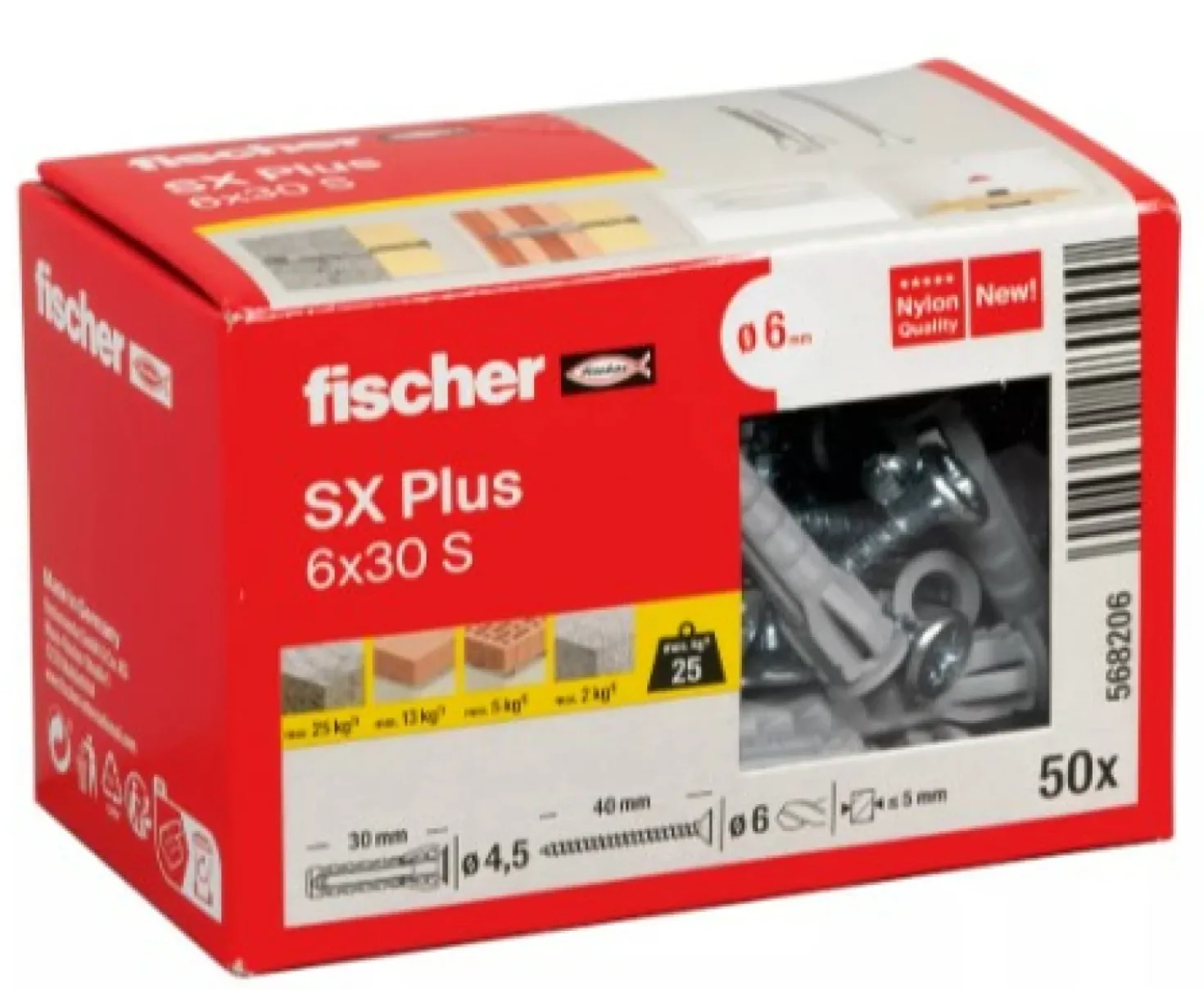 Fischer 568206 SX Plus Pluggen - 6 x 30mm - met schroef 4,5 x 40mm (50 st)