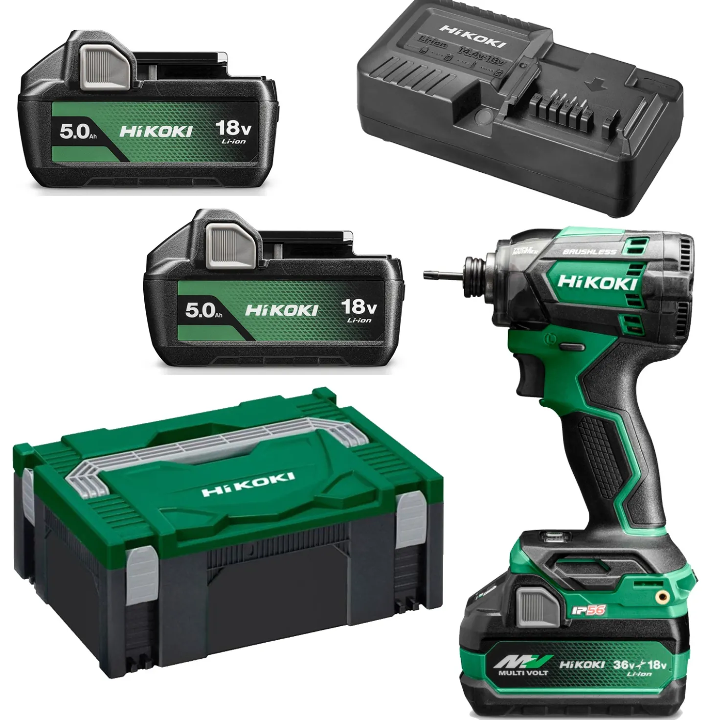 HiKOKI WH18DCWFZ Accu Slagschroevendraaier - 1/4" - 18V incl. 2x 5,0Ah accu's en lader in HSC II