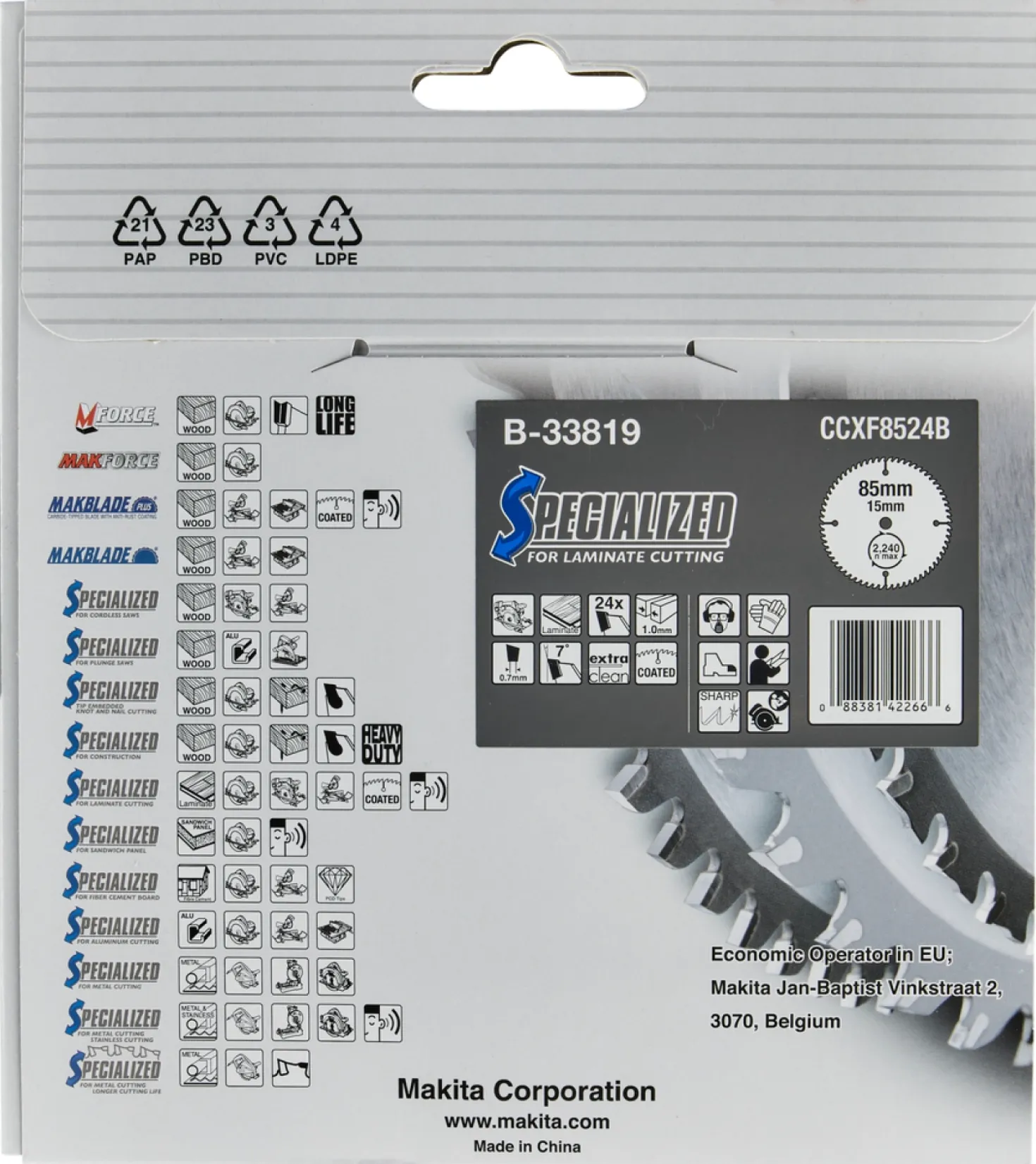 Makita B-33819 Specialized cirkelzaagblad voor Laminaat - 85 x 15 x 24T