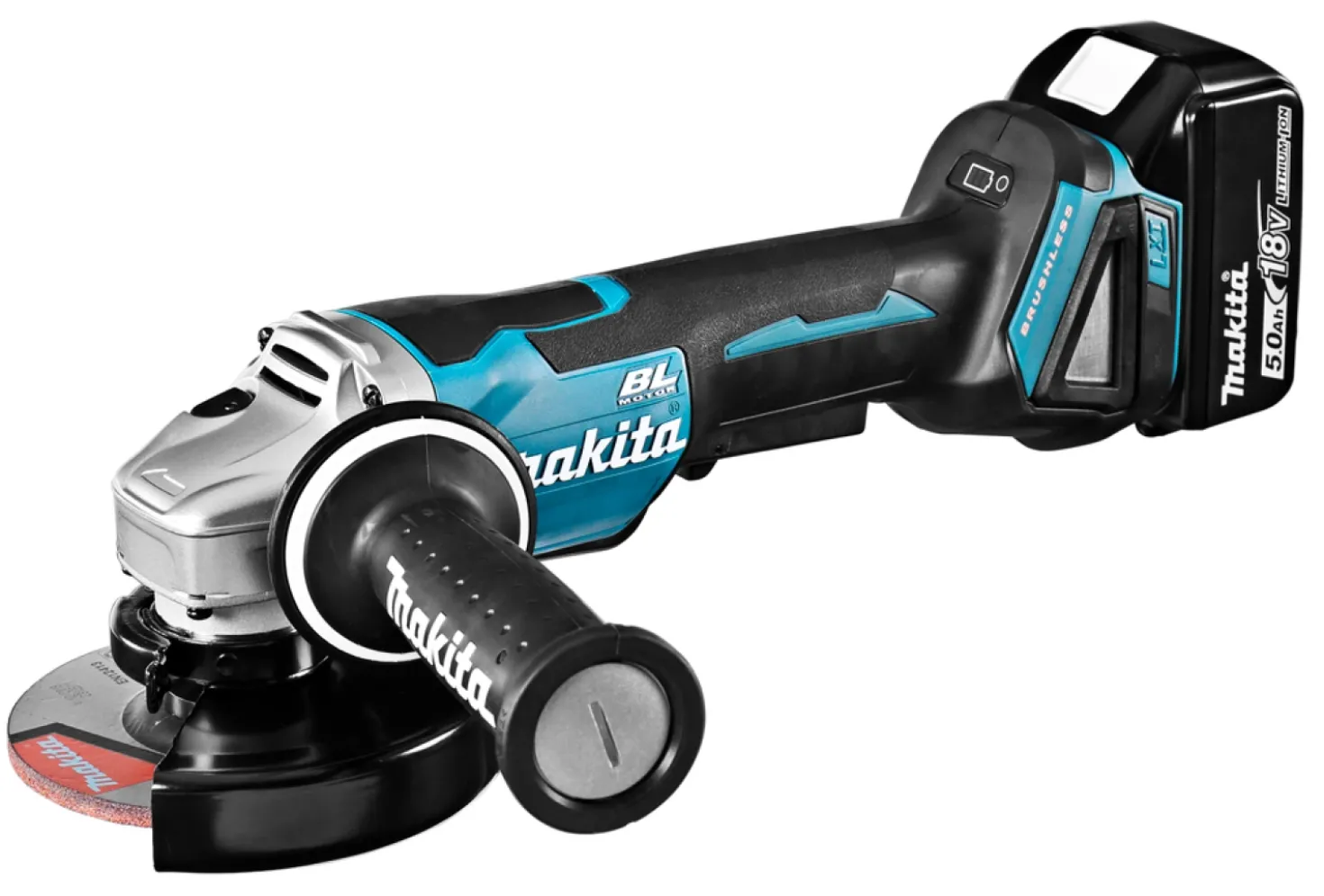 Makita DGA508RTJ 18V Li-Ion Accu haakse slijper set (2x 5.0Ah accu) in Mbox - 125mm - koolborstelloos - softstart