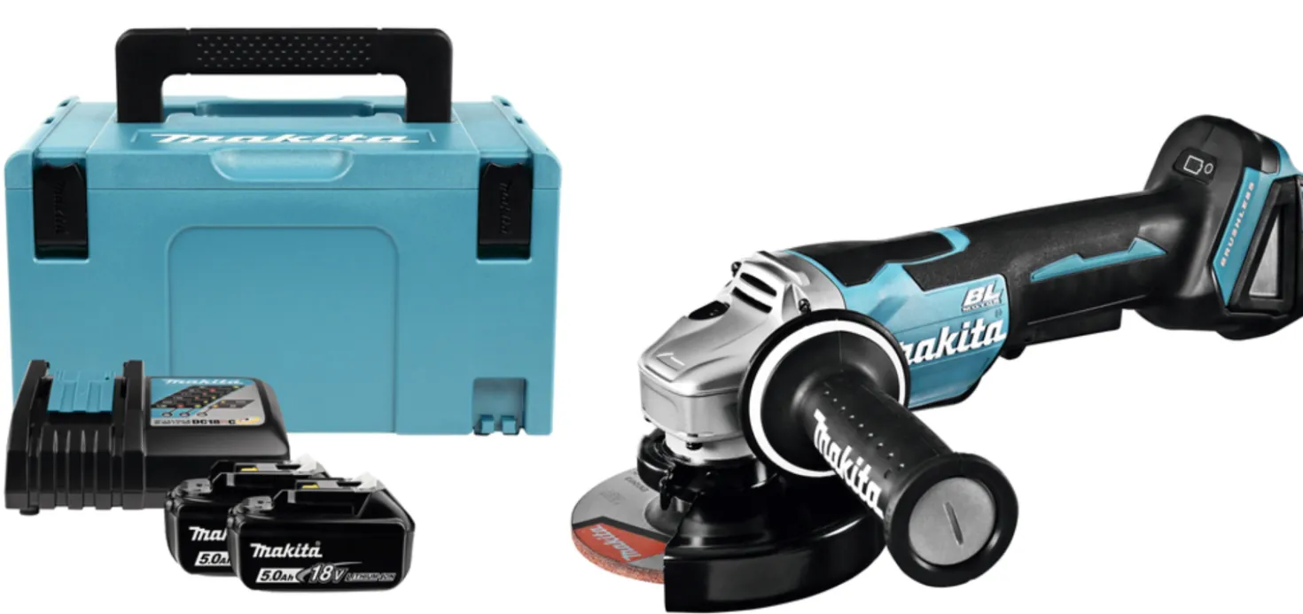 Makita DGA508RTJ 18V Li-Ion Accu haakse slijper set (2x 5.0Ah accu) in Mbox - 125mm - koolborstelloos - softstart