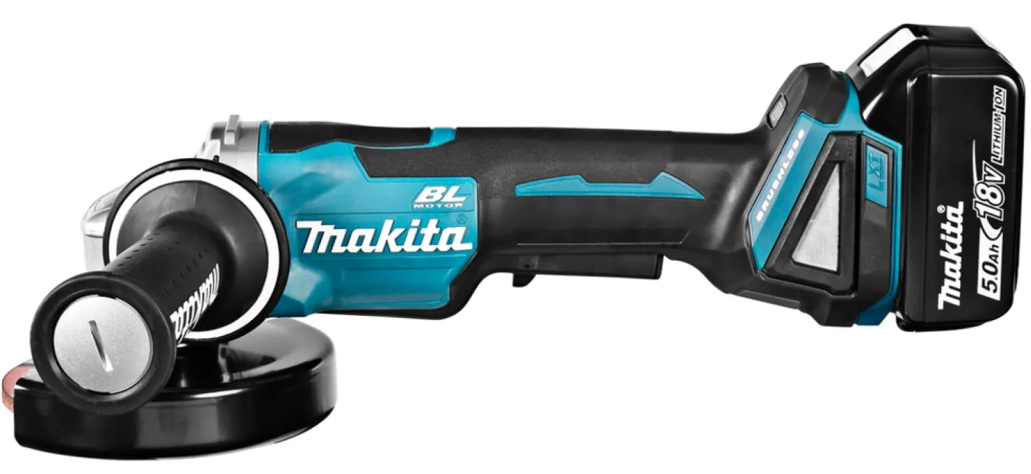 Makita DGA508RTJ 18V Li-Ion Accu haakse slijper set (2x 5.0Ah accu) in Mbox - 125mm - koolborstelloos - softstart
