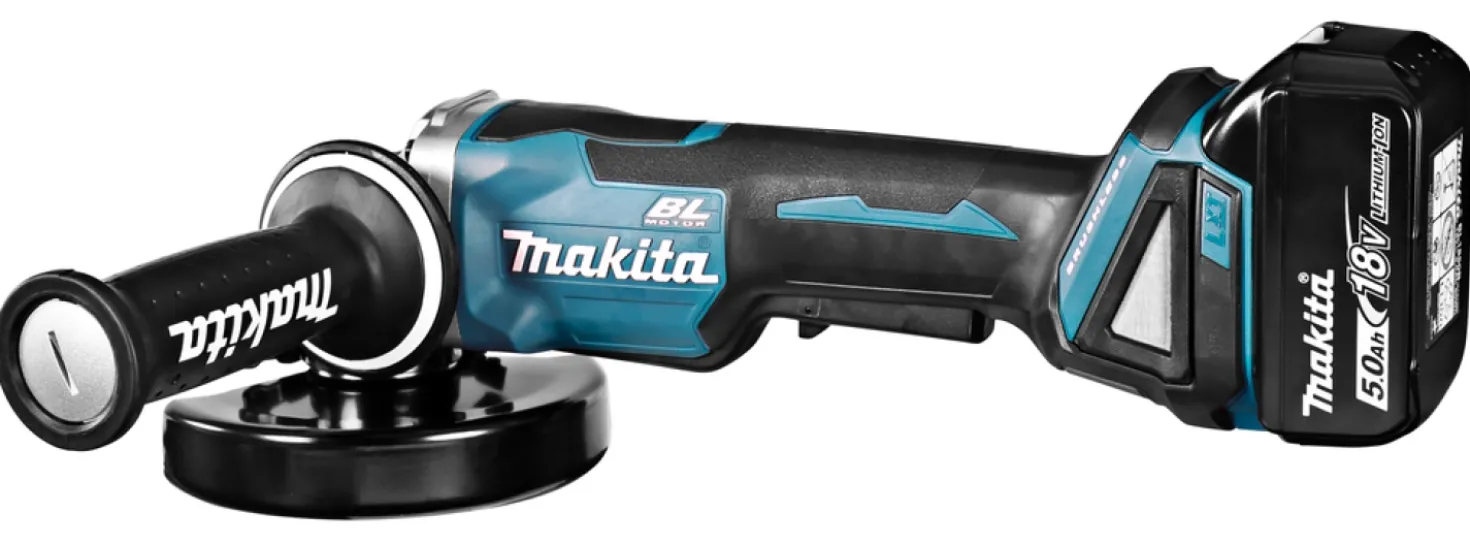 Makita DGA508RTJ 18V Li-Ion Accu haakse slijper set (2x 5.0Ah accu) in Mbox - 125mm - koolborstelloos - softstart