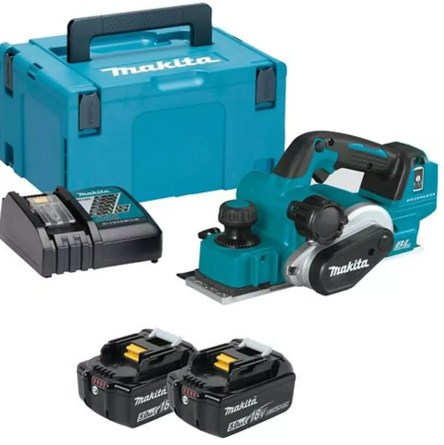 Makita DKP181RTJ 18V Li-Ion accu schaafmachine set (2x 5.0Ah accu) in Mbox - 82mm - 3mm - koolborstelloos