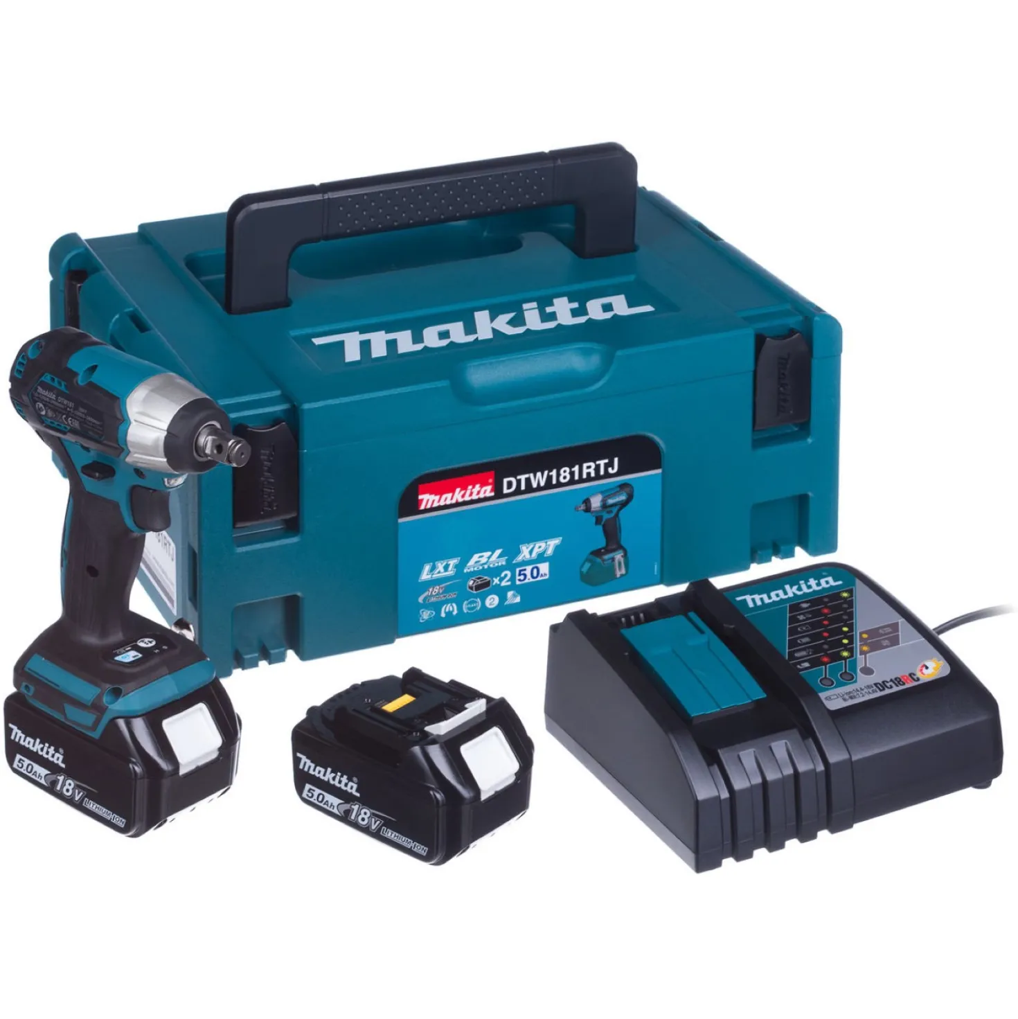 Makita DTW181RTJ 18V Li-Ion Accu slagmoersleutel set (2x 5.0Ah accu) in Mbox - 210Nm - 1/2" - koolborstelloos