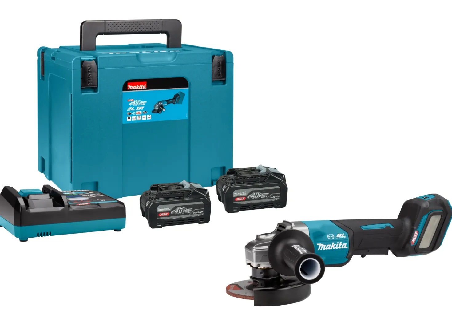 Makita GA029GU201 40V Max Li-ion accu haakse slijper set (2x 4.0Ah accu) in Mbox - 125mm - Veiligheidsschakelaar