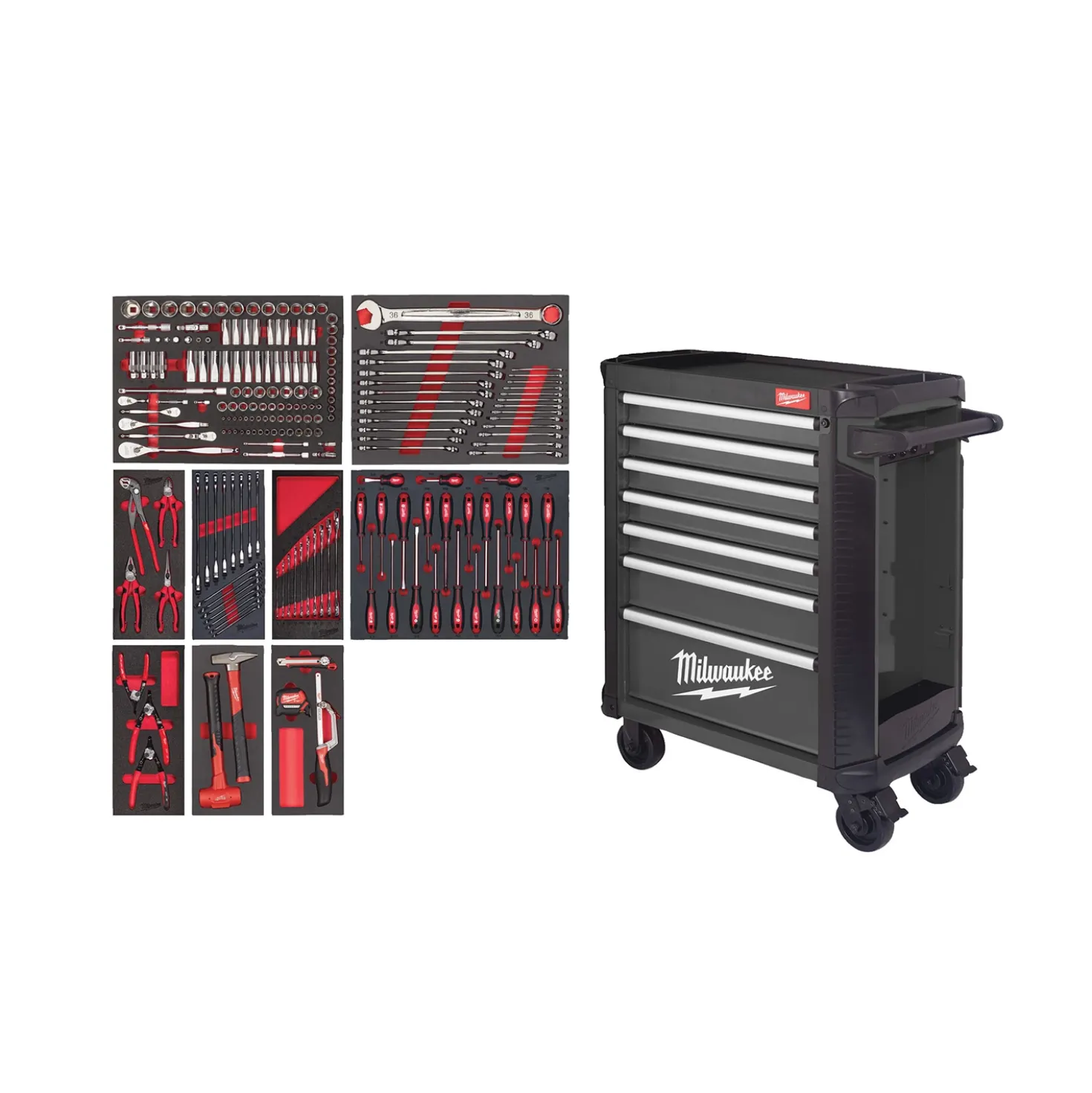 Milwaukee 4932500744 TOOLGUARD Stalen Gereedschapswagen gevuld - 206-delig - 7 laden - 30" / 78 cm