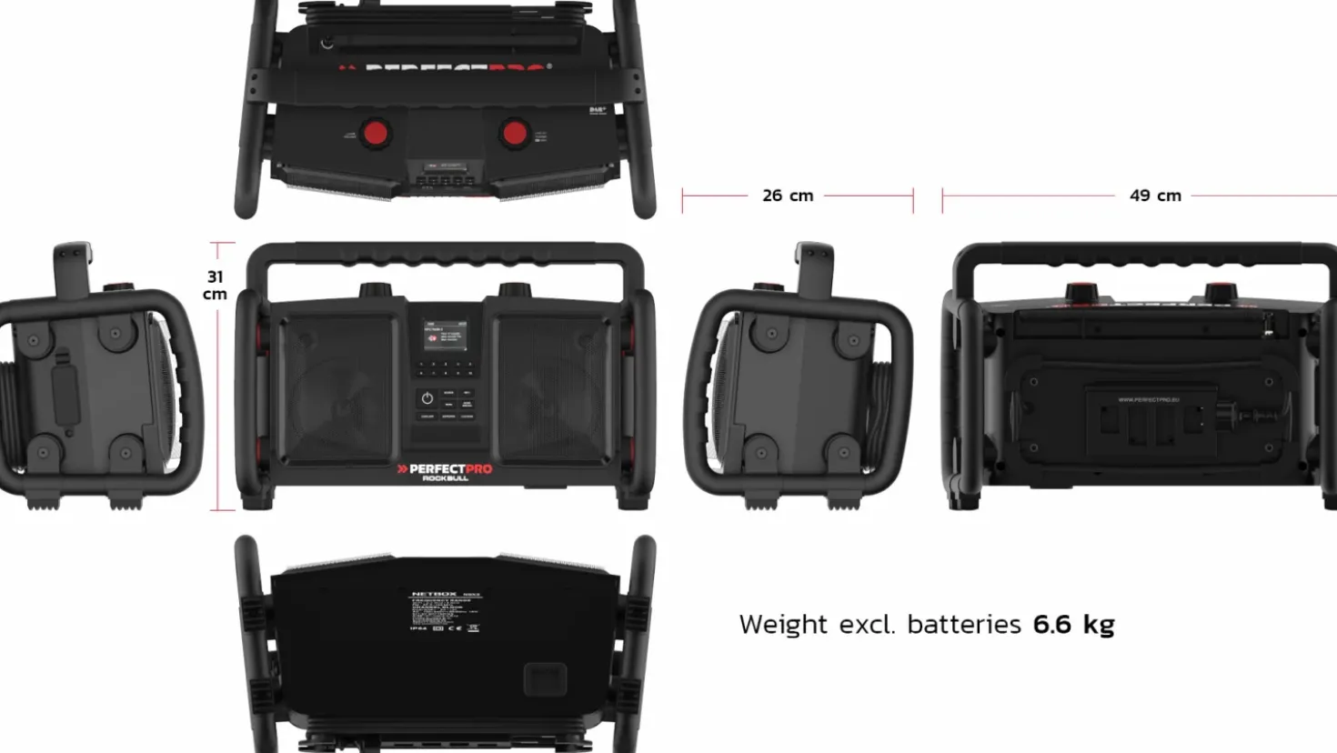 PerfectPro RB2 Rockbull Bouwradio - FM RDS / DAB+ - AUX-in - bluetooth - werkt op netstroom en batterij