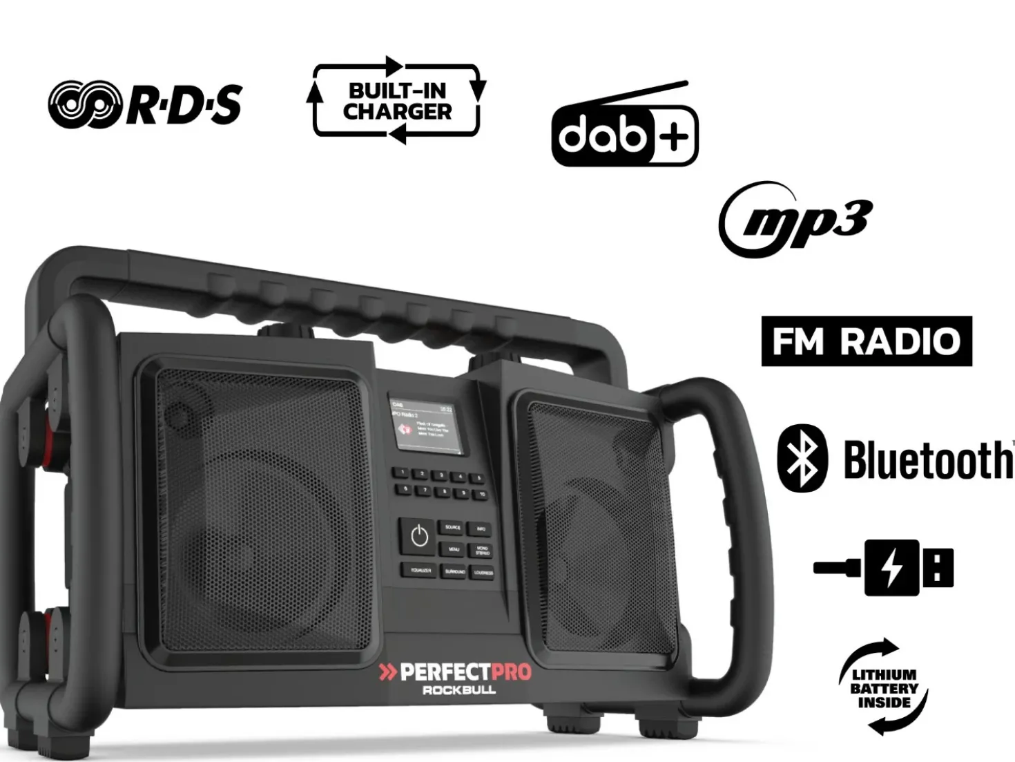 PerfectPro RB2 Rockbull Bouwradio - FM RDS / DAB+ - AUX-in - bluetooth - werkt op netstroom en batterij