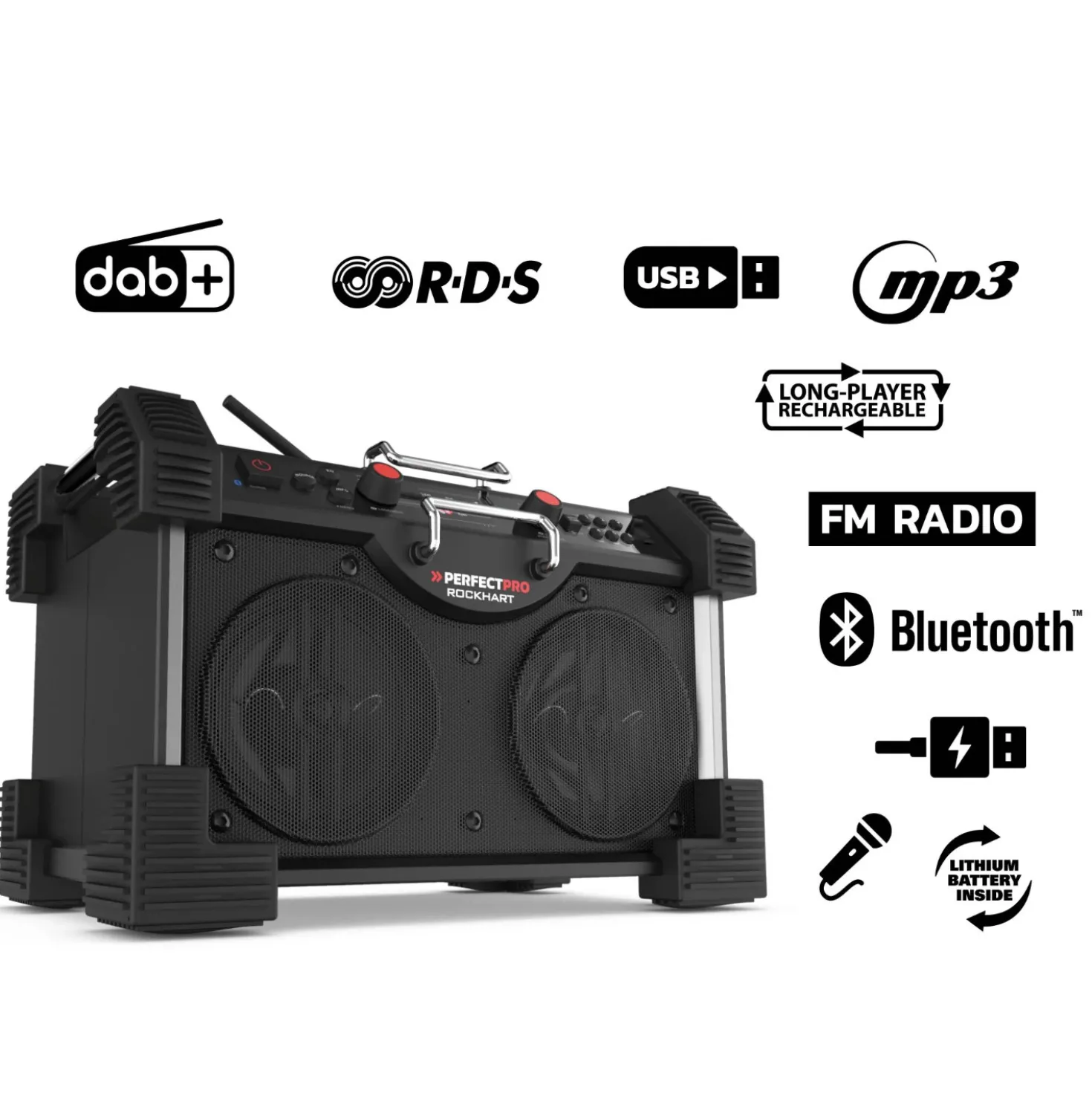 PerfectPro ROCKHART RH4 Bouwradio - FM RDS / DAB+ - AUX-in - bluetooth - oplaadbaar (ingebouwde lithium accu)