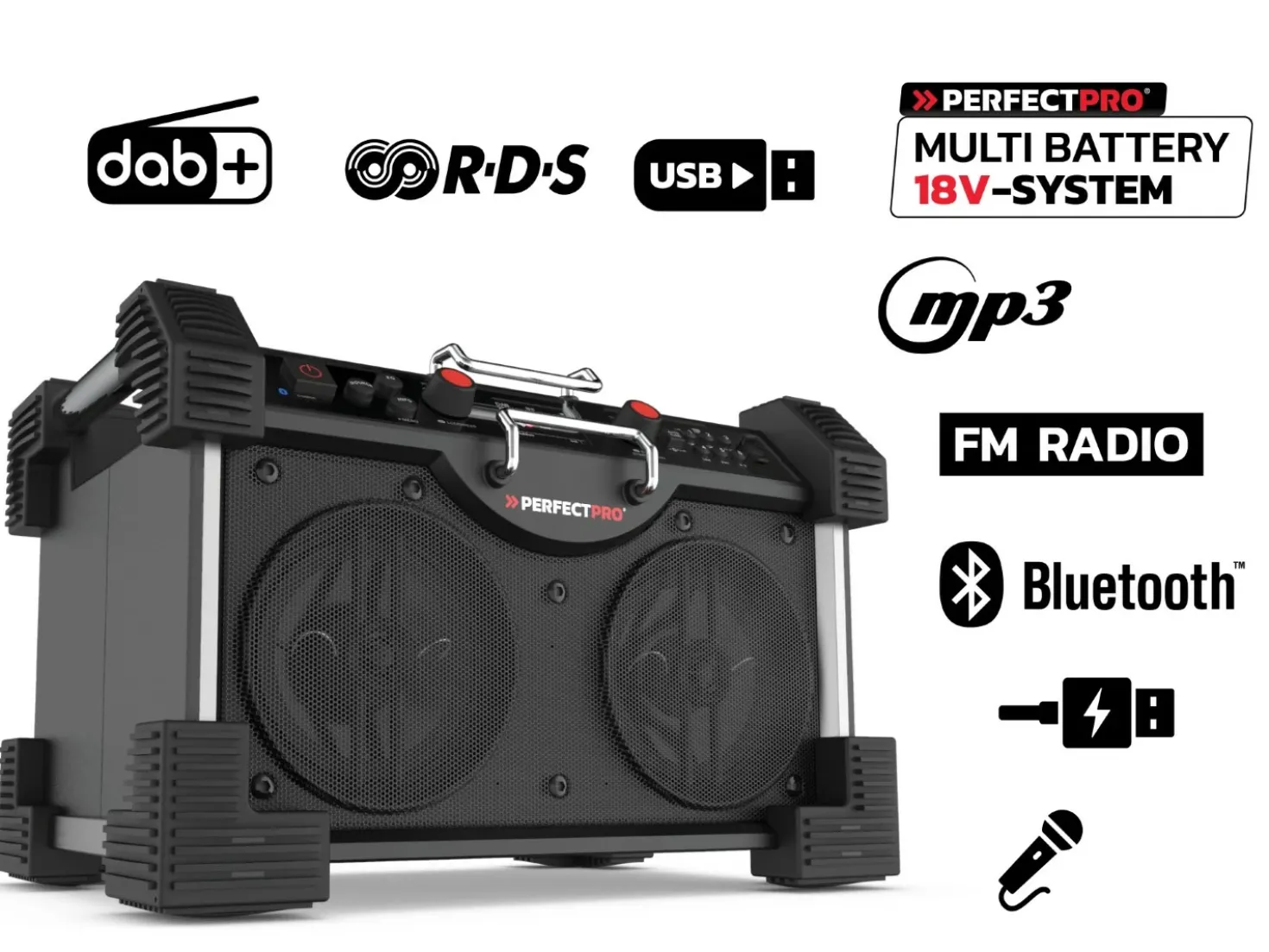 PerfectPro ROCKHART RH4 18V multi battery Bouwradio - FM RDS / DAB+ - AUX-in - bluetooth