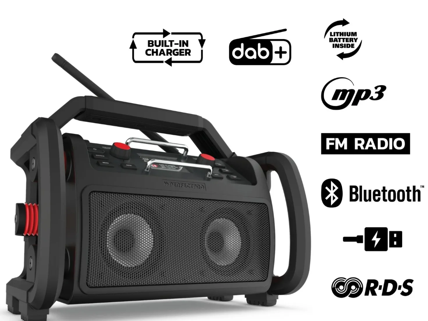 PerfectPro ROCKPRO Bouwradio - FM RDS / DAB+ - AUX-in - bluetooth - werkt op netstroom en lithium accu