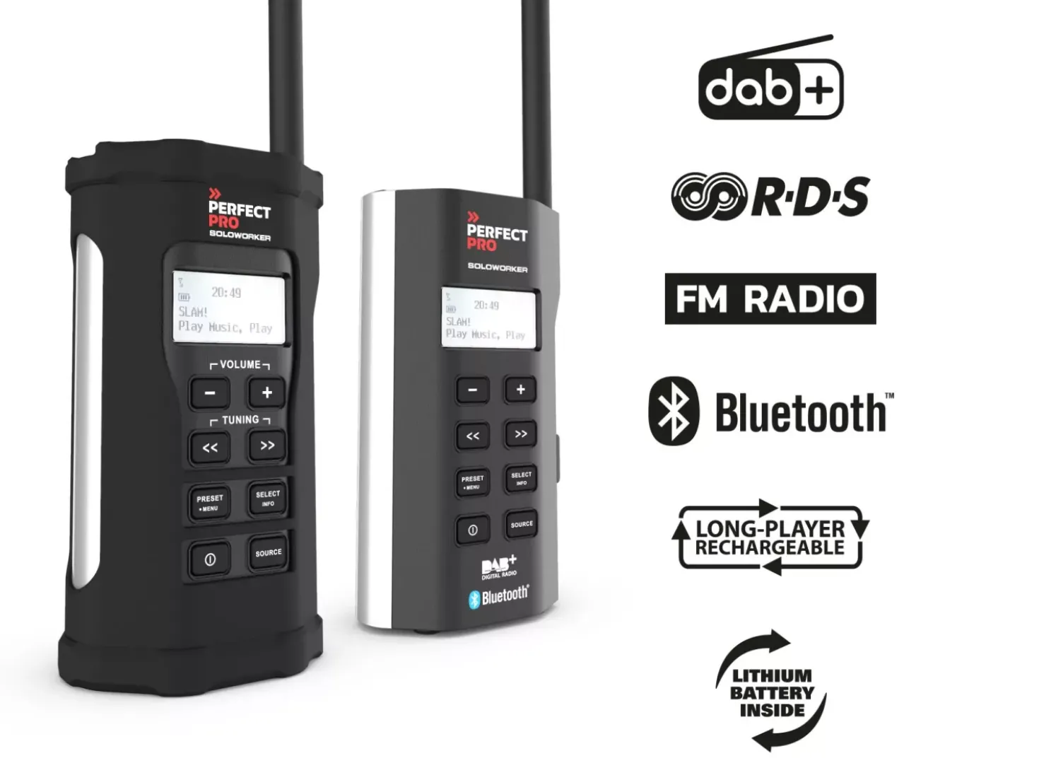 PerfectPro SW3 Soloworker BT accu Bouwradio - FM RDS / DAB+ - AUX-in - bluetooth - werkt op netstroom en lithium accu