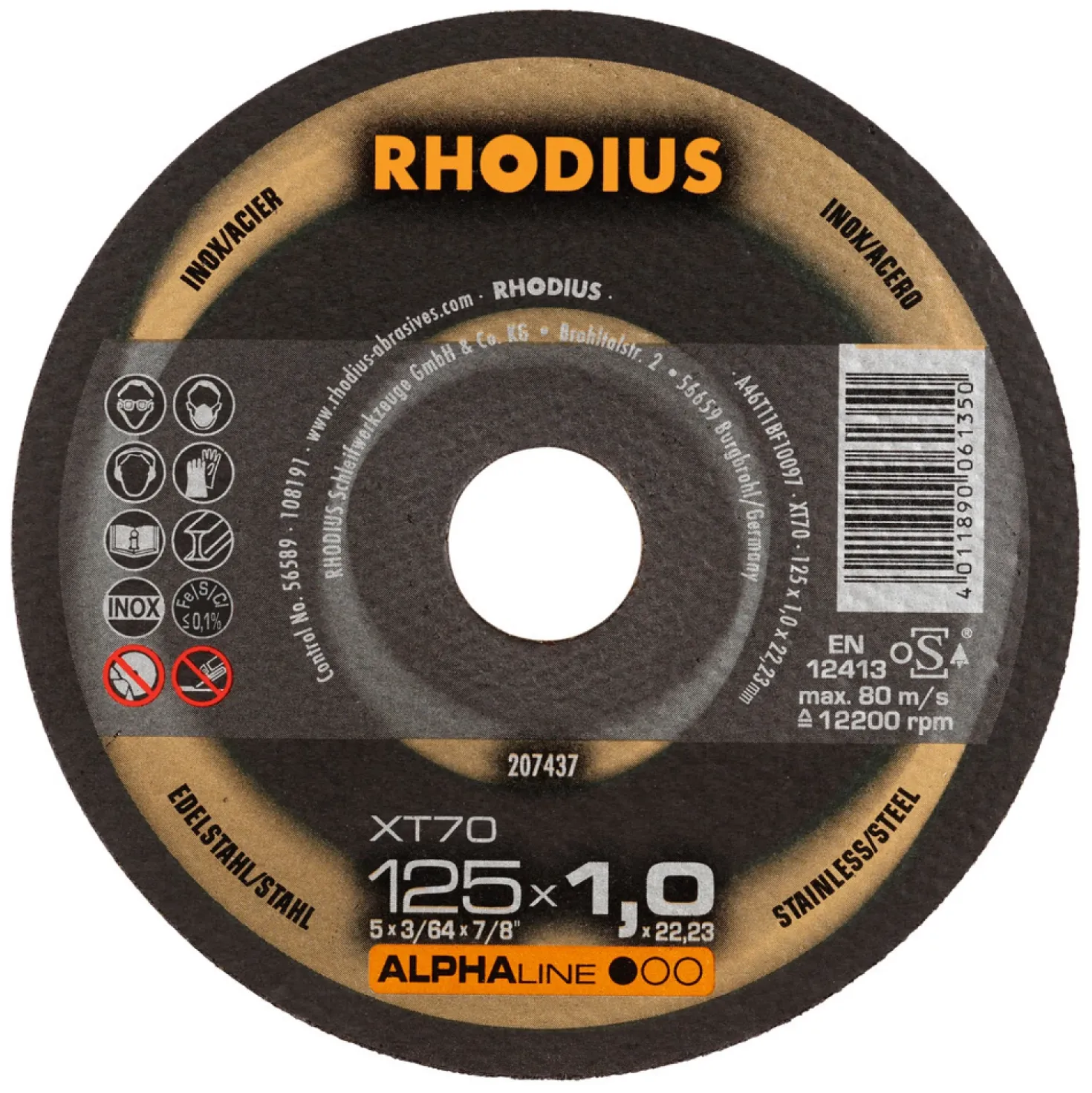 Rhodius ALPHALine I XT70 Doorslijpschijf - Extra dun - 125 x 22,23 x 1mm - RVS/Staal (100st)
