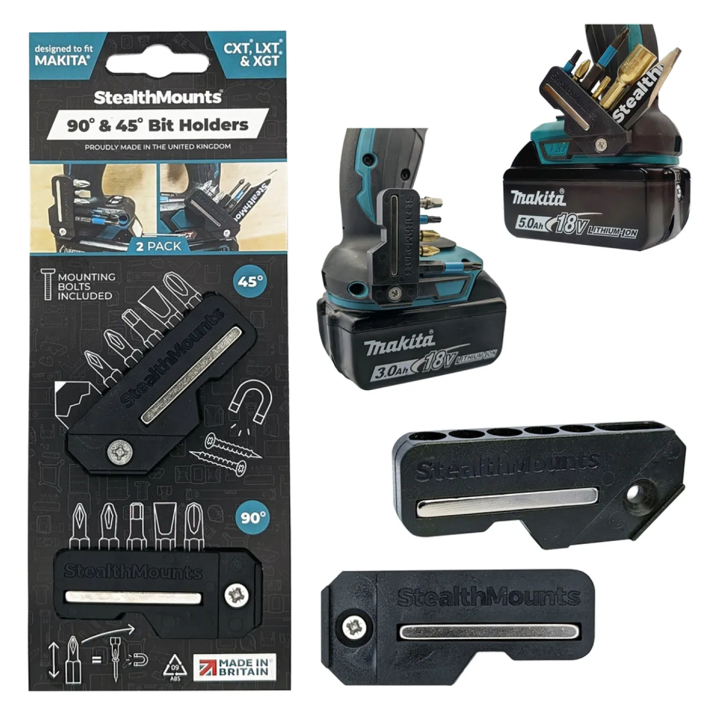 StealthMounts BH-MK-4590-BLK BLACK 45° & 90° magnetische bithouder voor Makita - Zwart - 2-pack