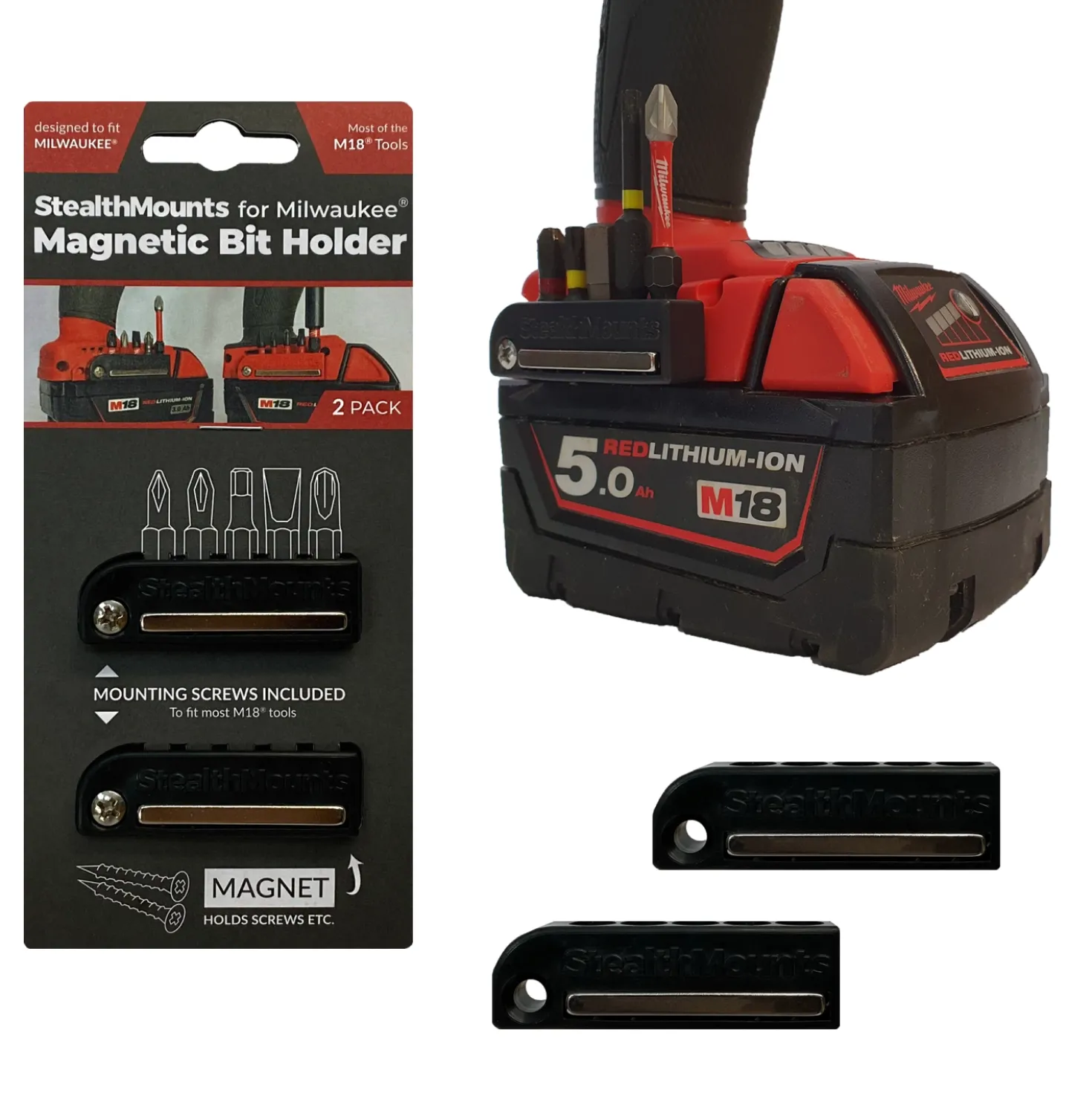 StealthMounts BH-MW18-BLK-2 Magnetische bithouder voor machines Milwaukee M18 - Zwart - 2-pack